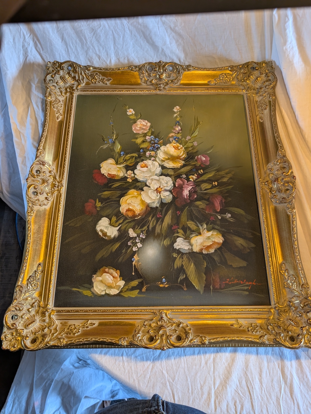 Vintage Gold Framed Floral Wall Art with Green Background